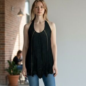 Tas Halter Top Women S Black Viscose Zippered Scoop Neck Flowy Whimsygoth Grunge